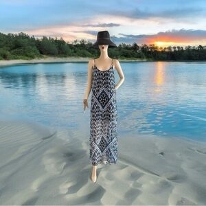 Fashion Emerald Print Boho Maxi Dress M Blue Gray Sleeveless Spaghetti Strap VG